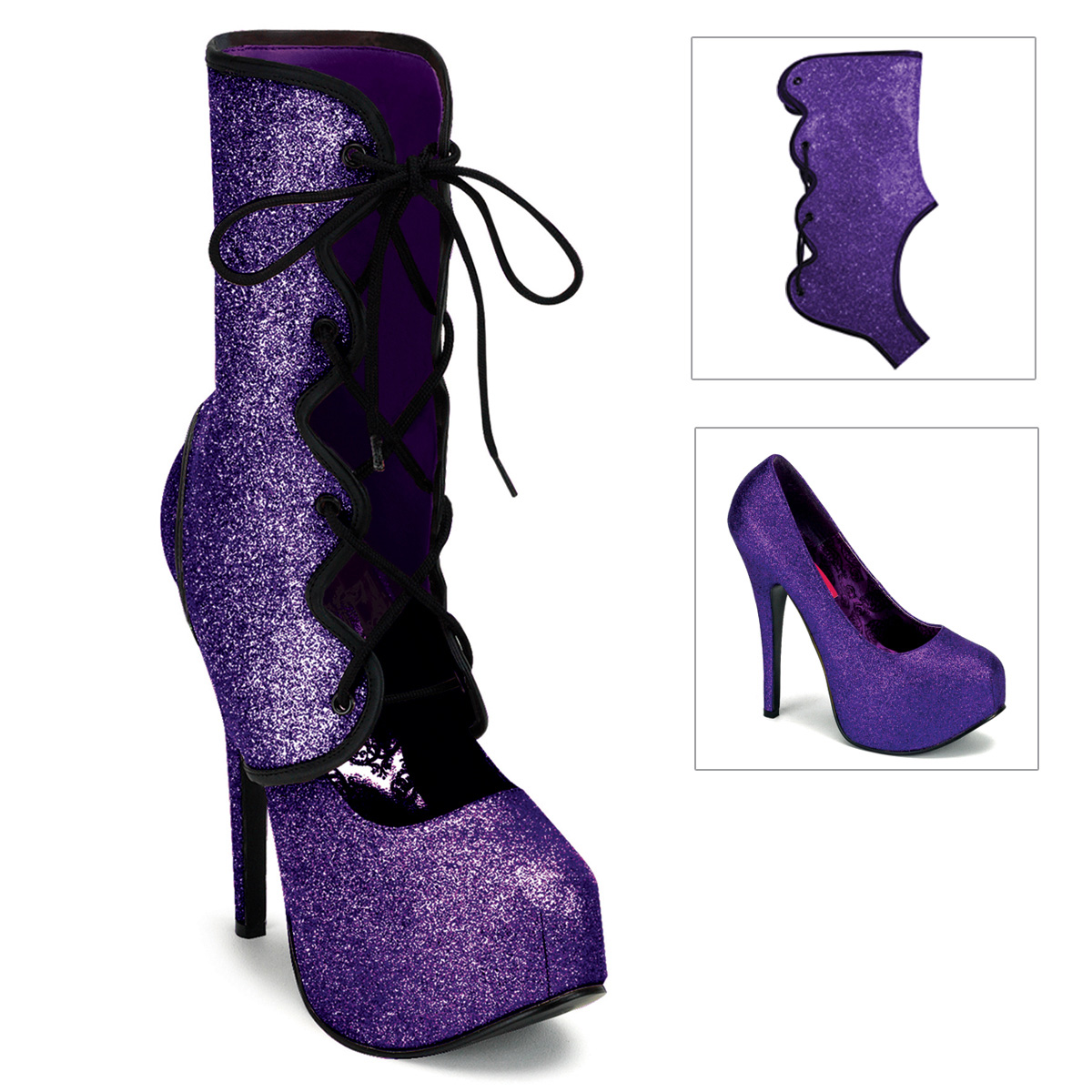 BORDELLO TEEZE-31G 5 3/4" Glitter Concealed Platform Pump W/Shaft Purple Mini Gltr