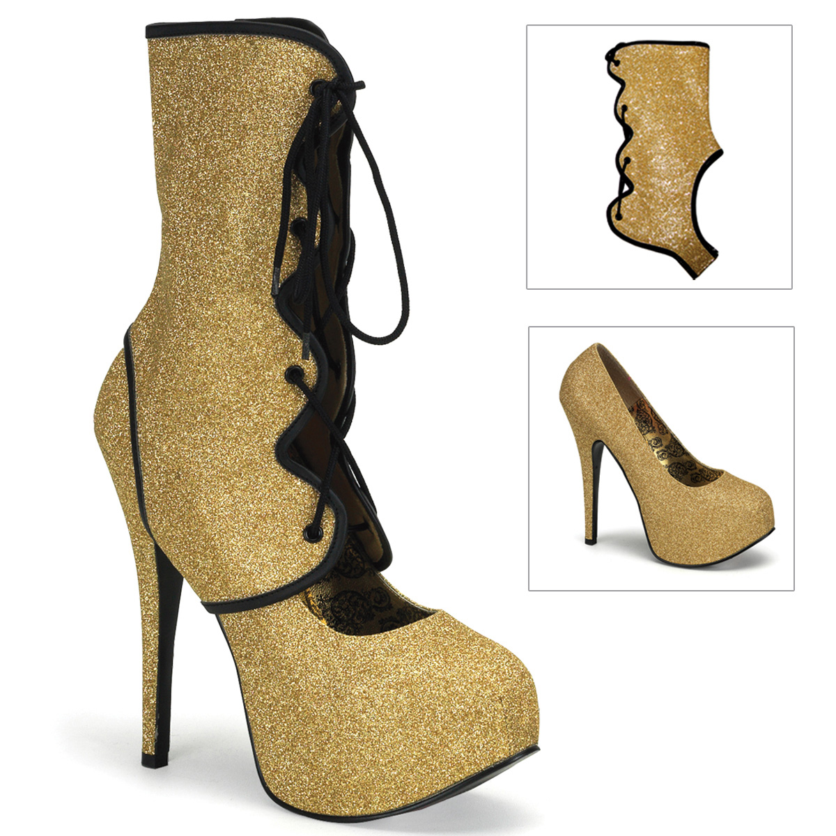 BORDELLO TEEZE-31G 5 3/4" Glitter Concealed Platform Pump W/Shaft Gold Mini Gltr