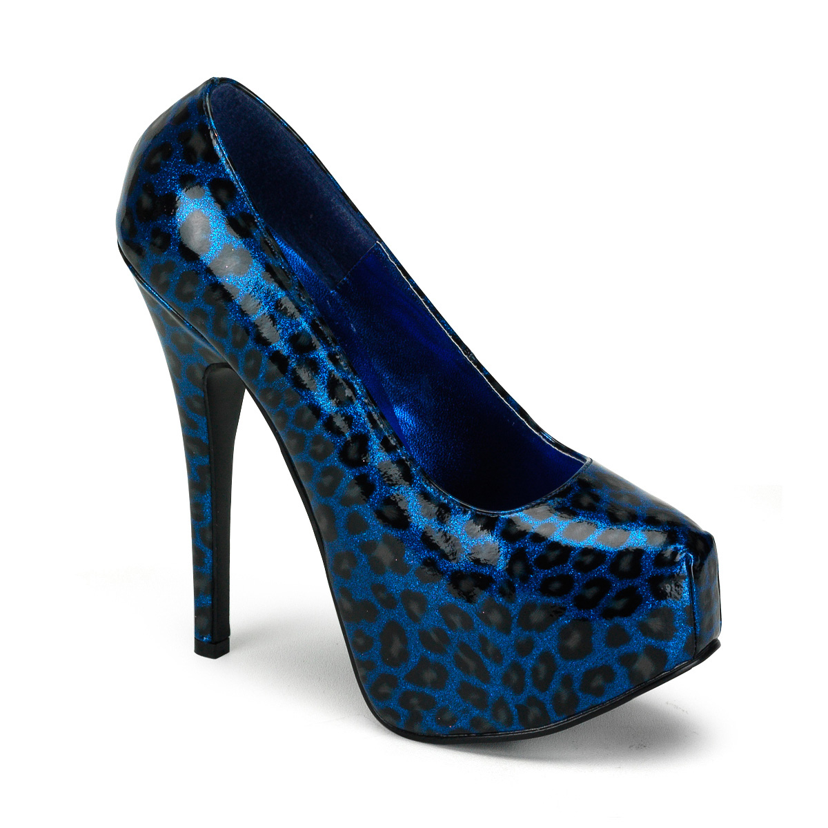 BORDELLO TEEZE-37 5 3/4" Heel Cheetah Glitter Pat W/Concealed PF/Blue Cheetah Pat