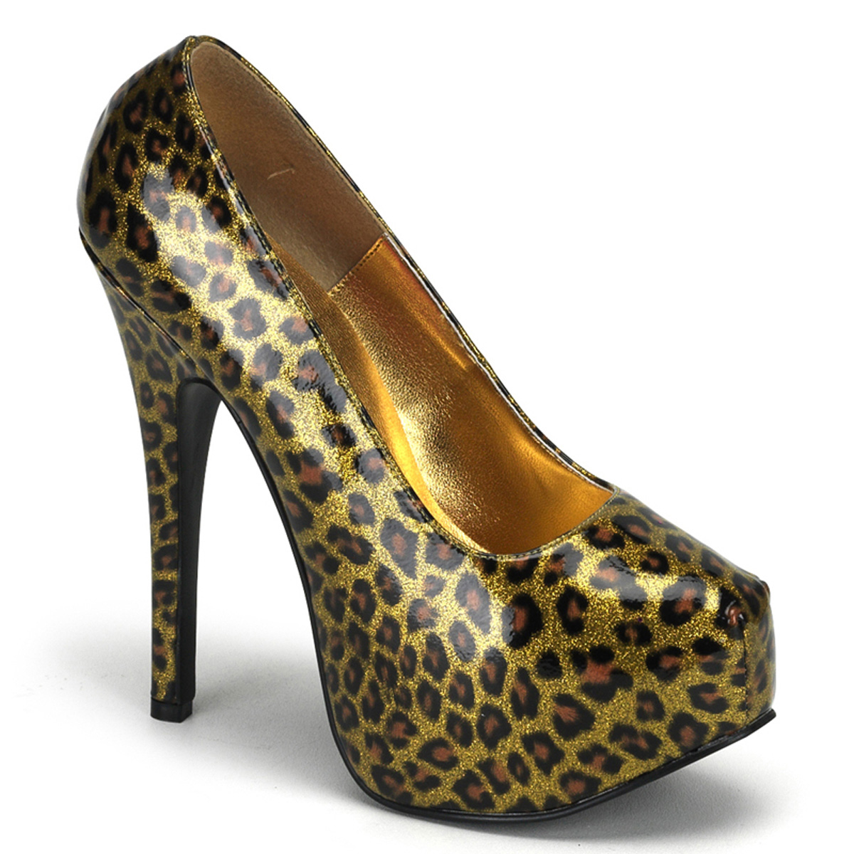 BORDELLO TEEZE-37 5 3/4" Heel Cheetah Glitter Pat W/Concealed PF/Gold Cheetah Pat