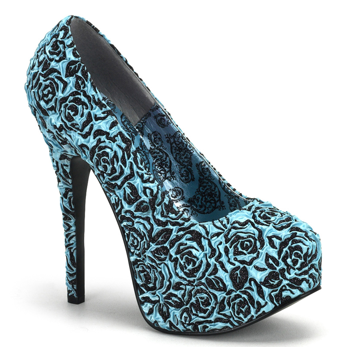 BORDELLO TEEZE-39 4 3/4" Heel Satin Blk Glitter Rose Print Pump W/PF B.Blue Floral Satin