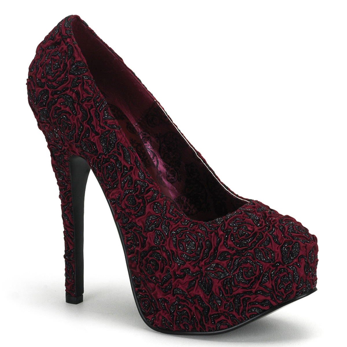 BORDELLO TEEZE-39 4 3/4" Heel Satin blk Glitter Rose Print Pump W/PF Burgundy Floral Satin