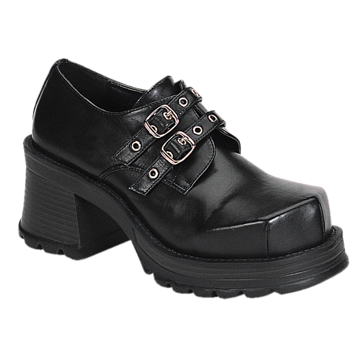 DEMONIA TRUMP-101 2 3/4" 2 Buckle Strap Blk Pu Chunky Heel Shoe Blk Pu