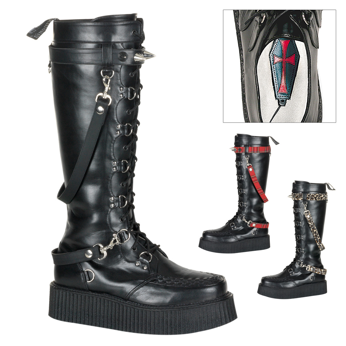 DEMONIA V-CREEPER-588 2" P/F Strap Veggie Pu Creeper Boot Blk Pu