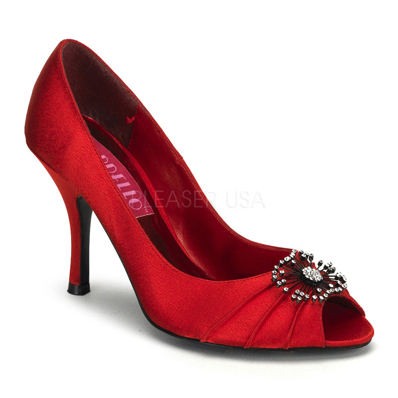 BORDELLO VIOLETTE-06 3 1/2" Heel Peep Toe Puimp W/RS Ornament Red Satin