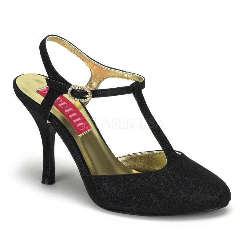 BORDELLO VIOLETTE-12G 3 1/2" Mini Glitter Close-Toe T-Strap Sandal Blk Gltr