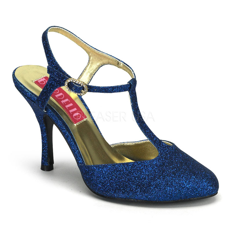 BORDELLO VIOLETTE-12G 3 1/2" Mini Glitter Close-Toe T-Strap Sandal Blue Gltr