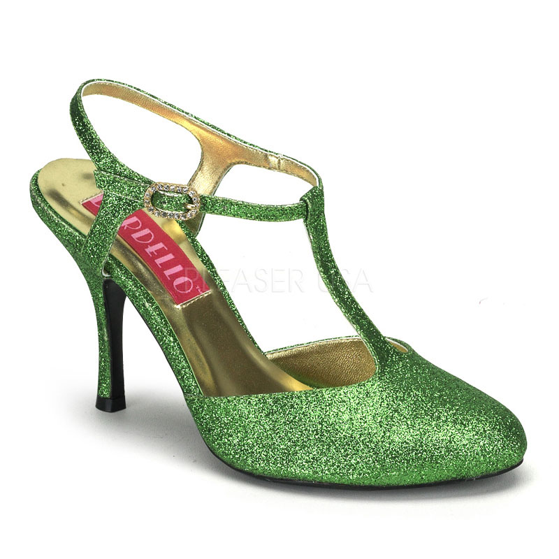BORDELLO VIOLETTE-12G 3 1/2" Mini Glitter Close-Toe T-Strap Sandal Green Gltr