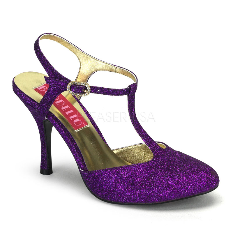 BORDELLO VIOLETTE-12G 3 1/2" Mini Glitter Close-Toe T-Strap Sandal Purple Gltr