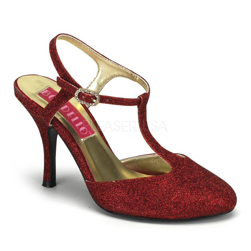 BORDELLO VIOLETTE-12G 3 1/2" Mini Glitter Close-Toe T-Strap Sandal Red Gltr