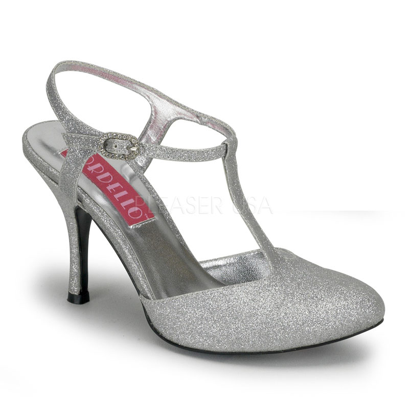 BORDELLO VIOLETTE-12G 3 1/2" Mini Glitter Close-Toe T-Strap Sandal Slv Gltr
