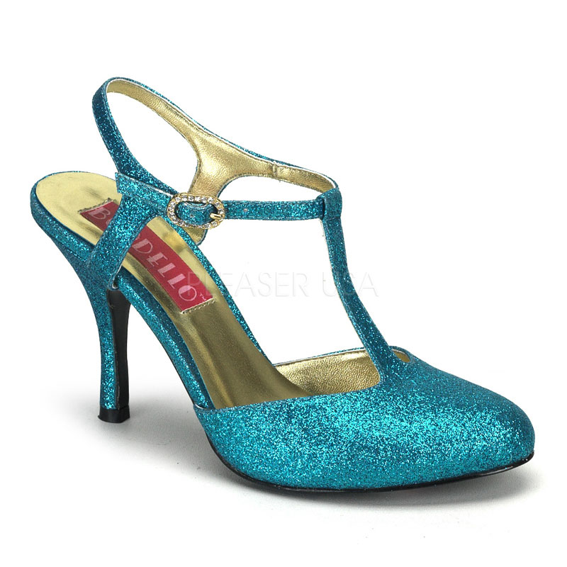 BORDELLO VIOLETTE-12G 3 1/2" Mini Glitter Close-Toe T-Strap Sandal Turquoise Gltr
