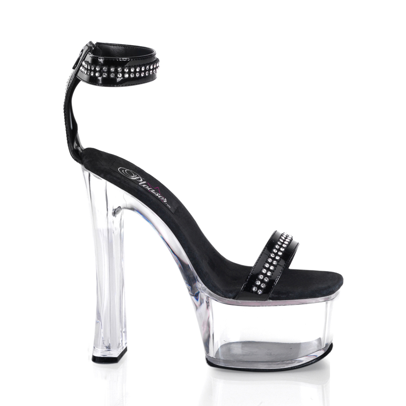 CLEARANCE VIVA-632 *6 1/2" Block Heel With 2 1/4" P/F Sandal Black Pat/Clear