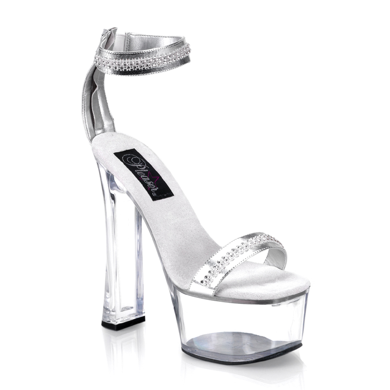 CLEARANCE VIVA-632 *6 1/2" Block Heel With 2 1/4" P/F Sandal Silver Pu/Clear