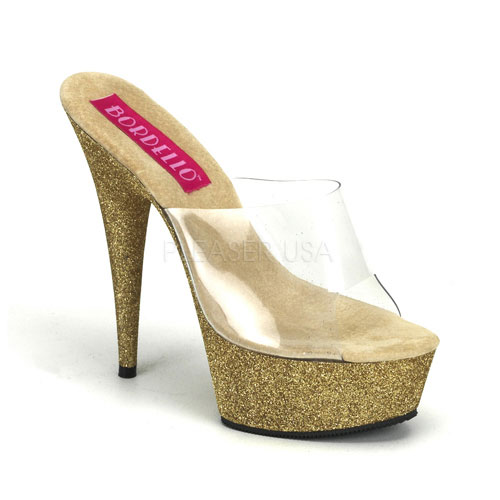 BORDELLO VIVIAN-23 6" Heel Mini Glitter Platform Slide Clr/Gold Mini Gltr