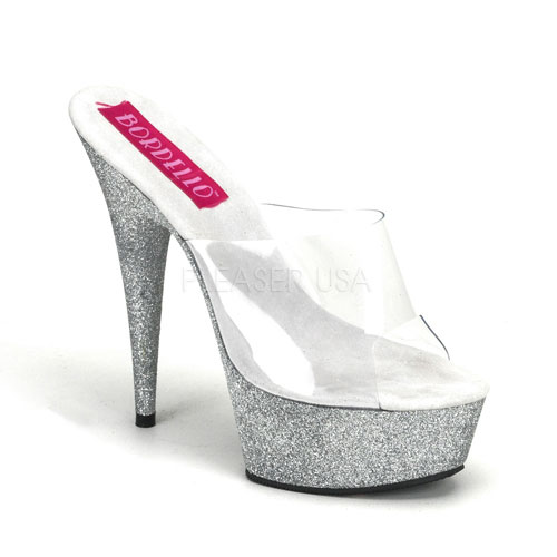 BORDELLO VIVIAN-23 6" Heel Mini Glitter Platform Slide Clr/Slv Mini Gltr