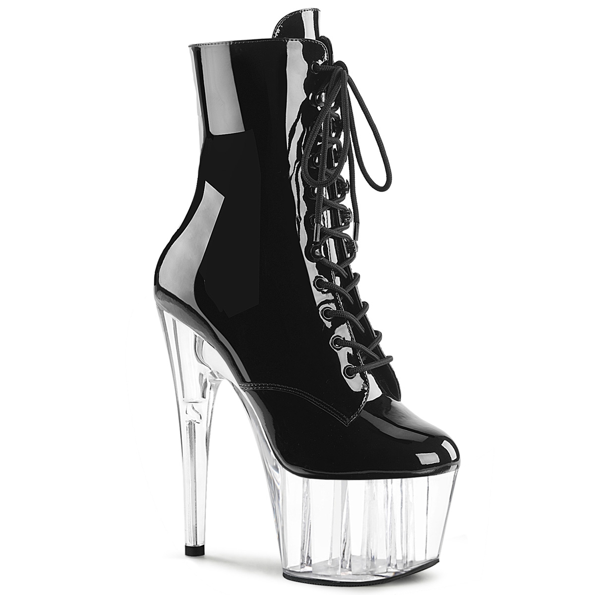 PLEASER ADORE-1020 7" Stiletto Heel Lace-Up PF Ankle BT, Side Blk Pat/Clr