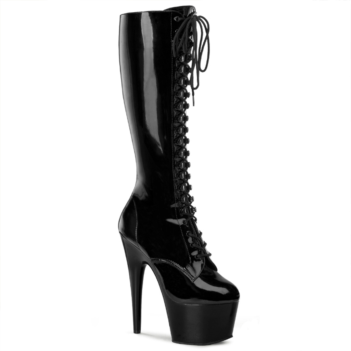 PLEASER ADORE-2023 7" Lace-Up Stretch PF Knee Boot, Side Zip Blk Str Pat/Blk