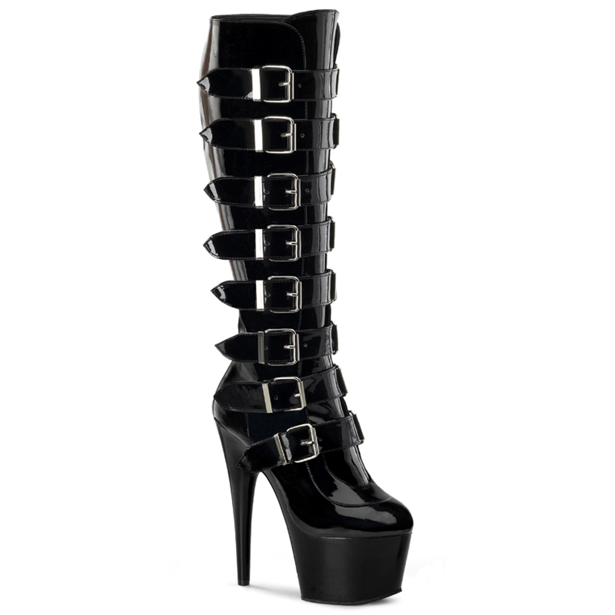 PLEASER ADORE-2043 7" PF Knee BT W/Buckles, Side Zip Blk Pat/Blk
