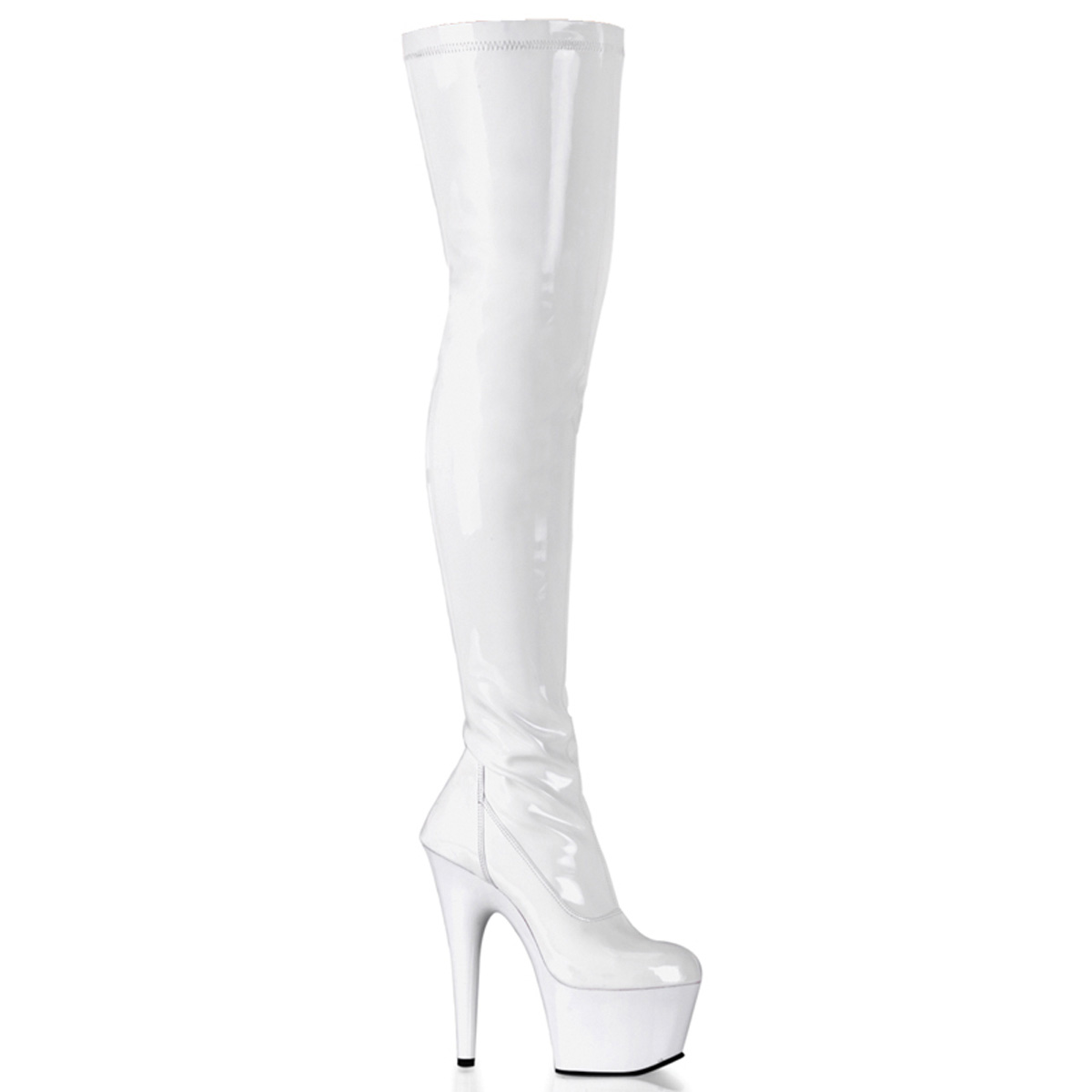 PLEASER ADORE-3000 7" Plain Stretch PF Thigh Boot, Side Zip Wht Str Pat/Wht