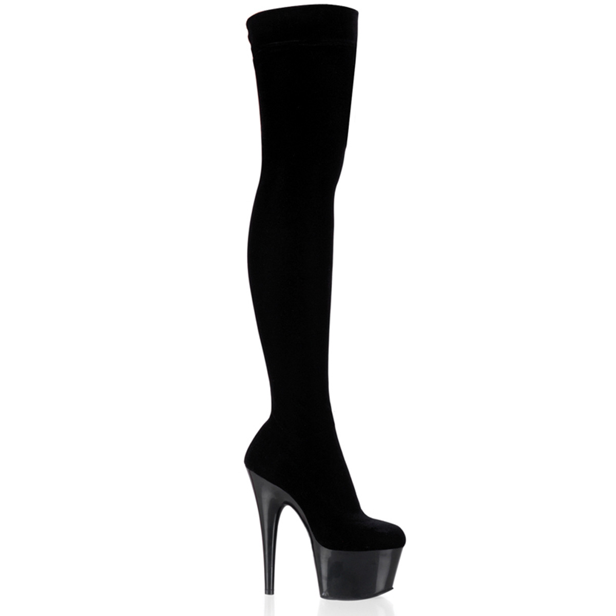 PLEASER ADORE-3002 7" Plain Stretch PF Thigh Boot Blk Str Velvet/Blk