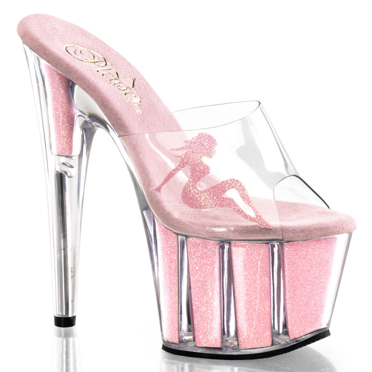 PLEASER ADORE-701-4 7" Glitter Filled Bottom PF Sldie W/Truckg Clr/B. Pink Gltr