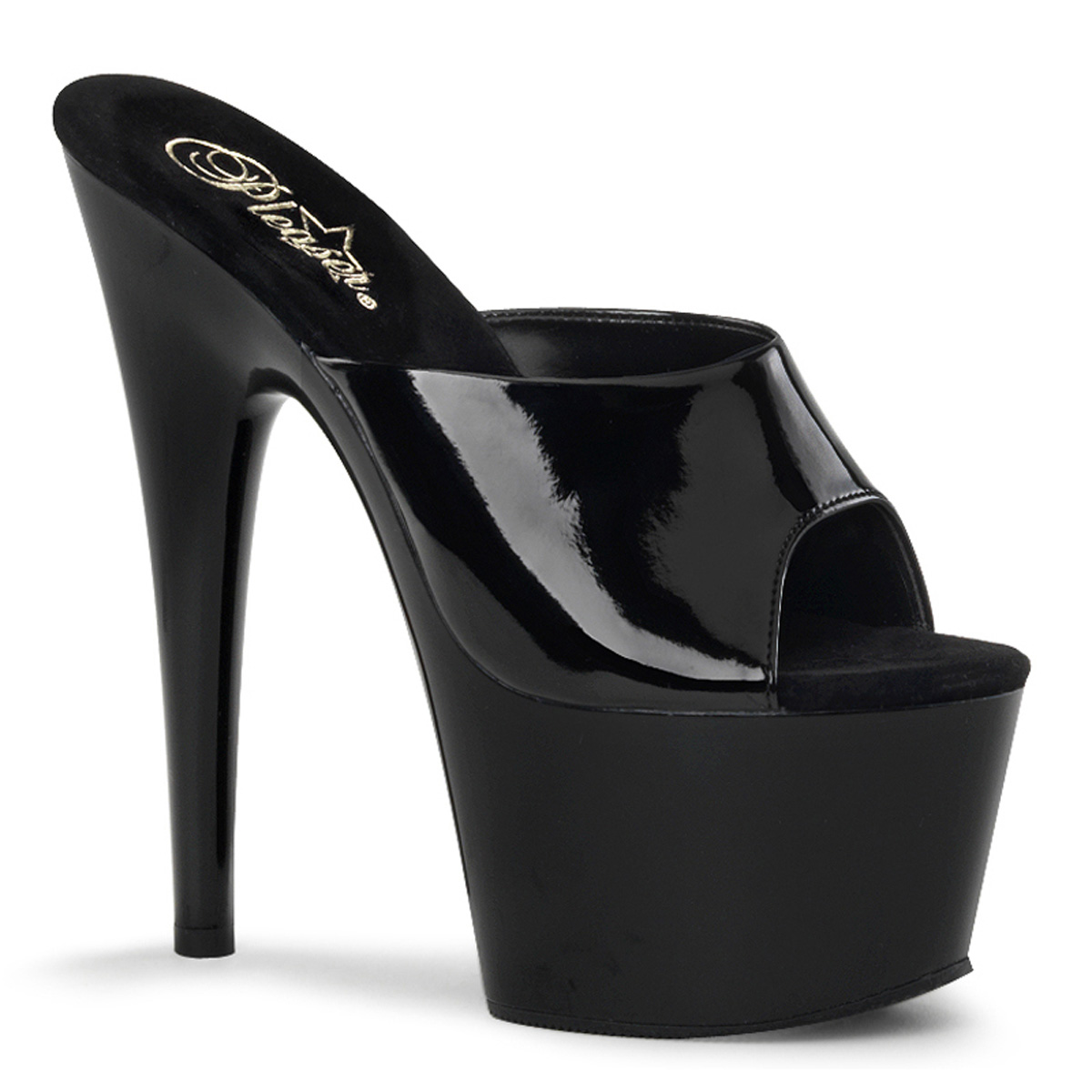 PLEASER ADORE-701 7" Stiletto Heel PF Slide Blk Pat/Blk