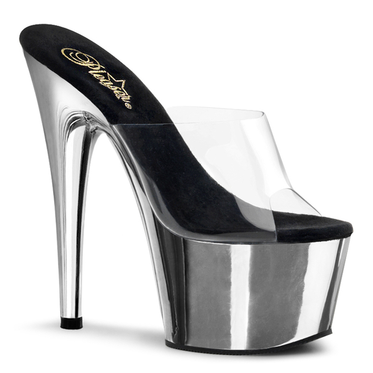 PLEASER ADORE-701 7" Stiletto Heel PF Slide Clr/Slv Chrome