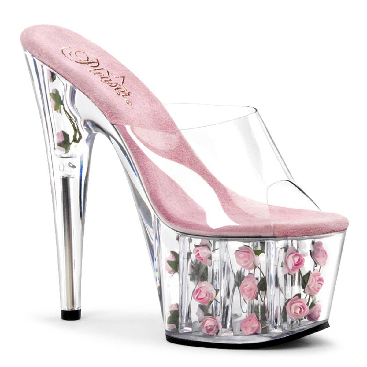 PLEASER ADORE-701FL 7" Stiletto Heel Flower Filled PF Slide Clr/B. Pink Flowers