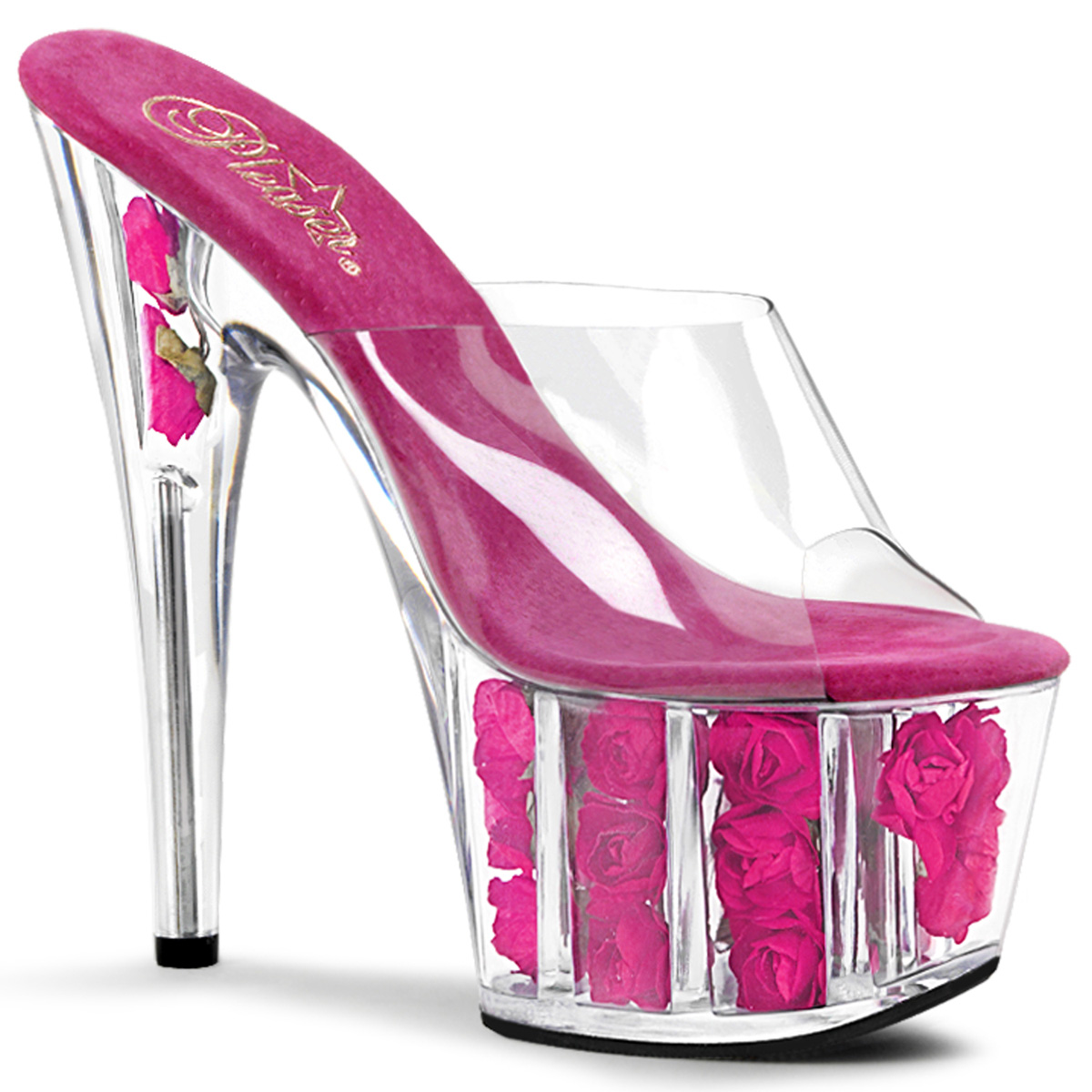 PLEASER ADORE-701FL 7" Stiletto Heel Flower Filled PF Slide Clr/H. Pink Flowers