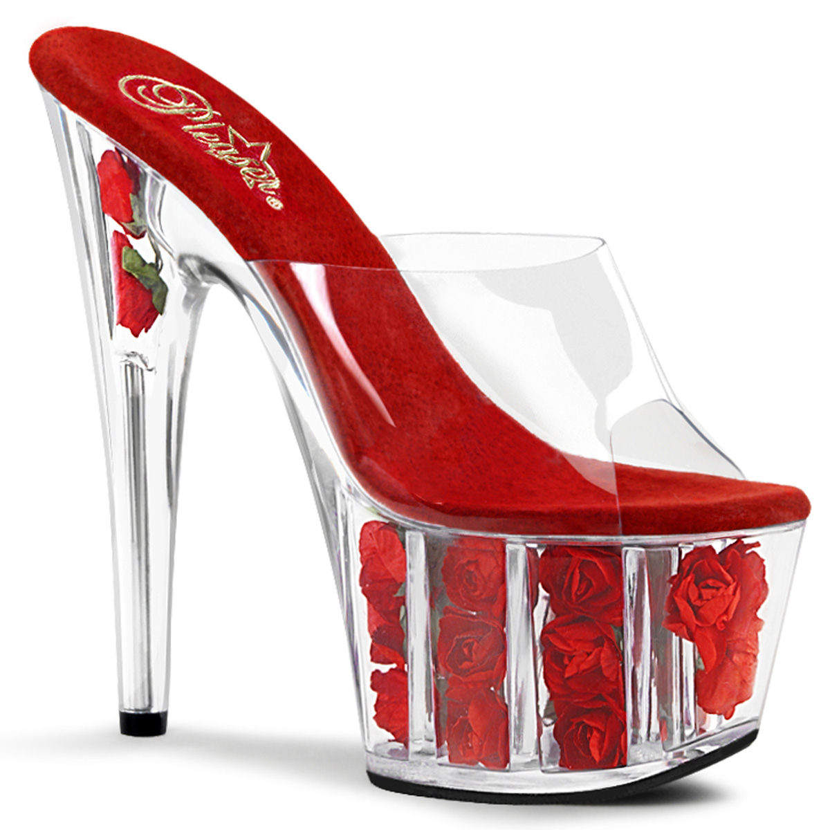 PLEASER ADORE-701FL 7" Stiletto Heel Flower Filled PF Slide Clr/Red Flowers