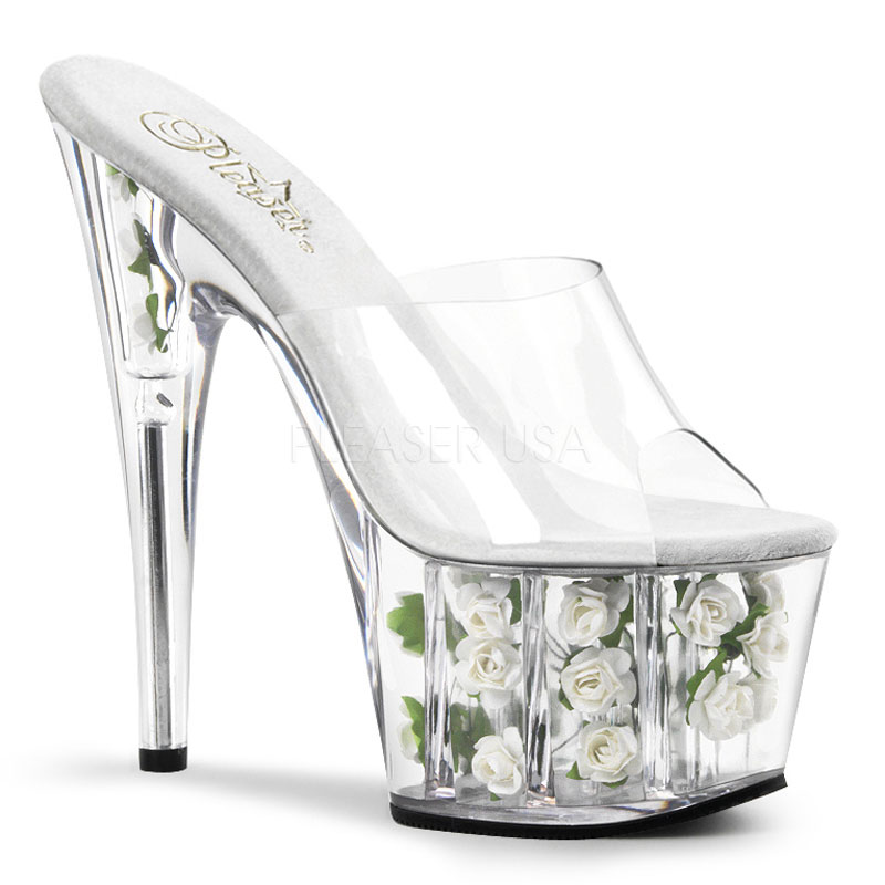 PLEASER ADORE-701FL 7" Stiletto Heel Flower Filled PF Slide Clr/Wht Flowers