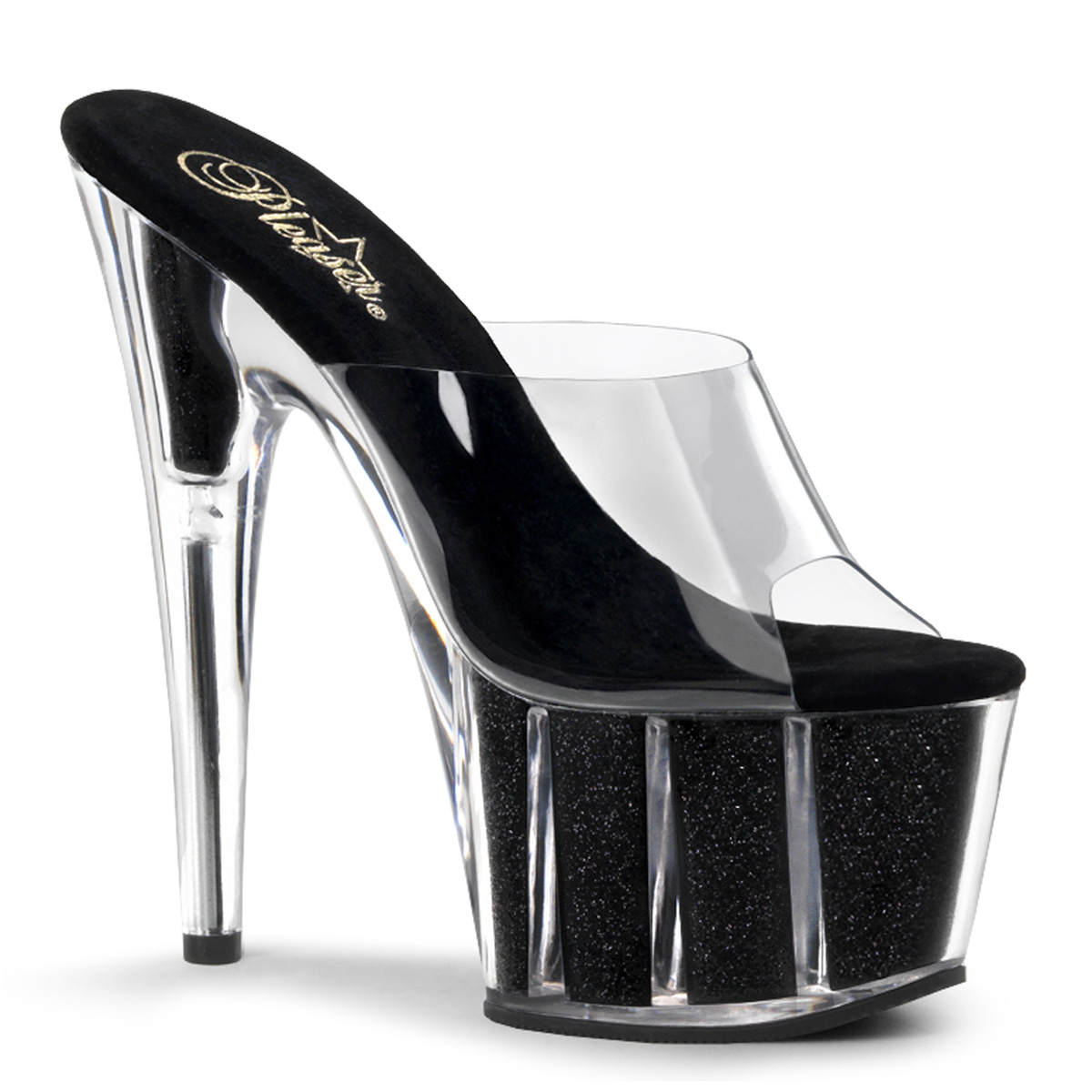 PLEASER ADORE-701G 7" Stiletto Heel Glitter Filled PF Slide Clr/Blk Gltr