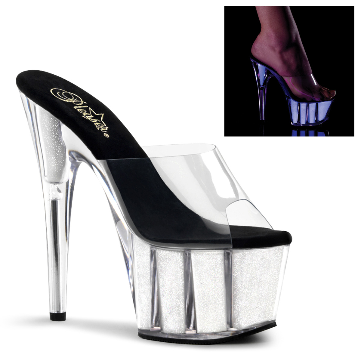 PLEASER ADORE-701NG 7" Stiletto Heel Neon Glitter Filled PF Sl Clr/Neon Wht Gltr