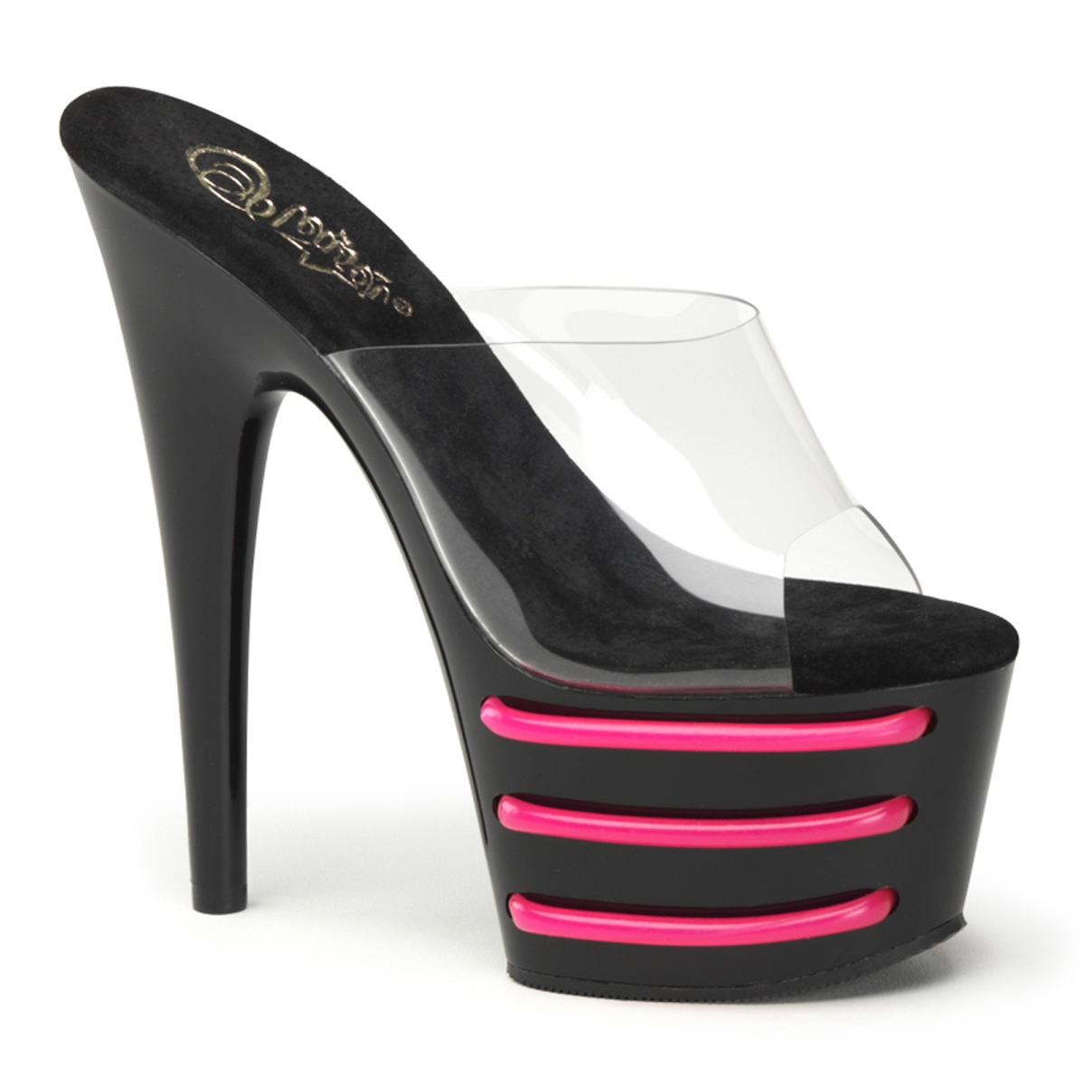 PLEASER ADORE-701T 7" Heel, 2 1/2" PF Slide W/ UV Tubes Clr/Blk-H. Pink