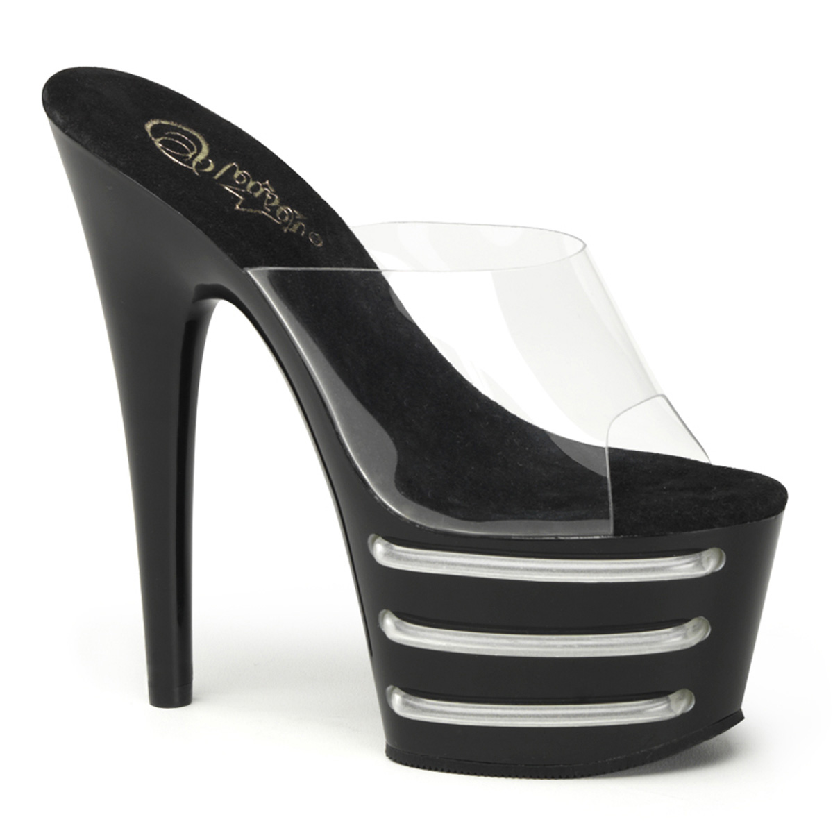 PLEASER ADORE-701T 7" Heel, 2 1/2" PF Slide W/ UV Tubes Clr/Blk-Light Blue