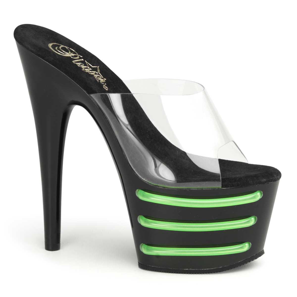PLEASER ADORE-701T 7" Heel, 2 1/2" PF Slide W/ UV Tubes Clr/Blk-Lime Green
