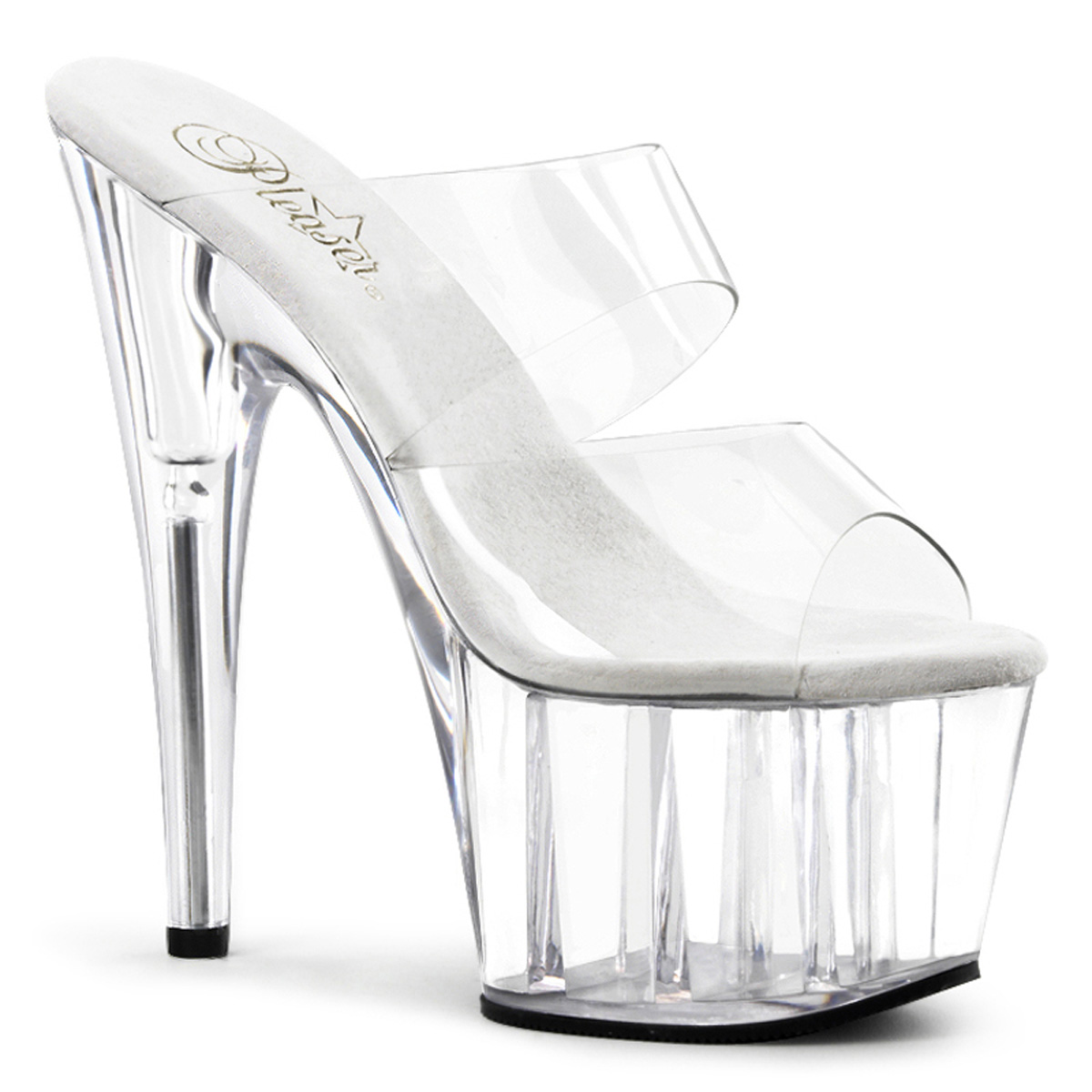 PLEASER ADORE-702 7" Stiletto Heel Two-Band PF Slide Clr/Clr