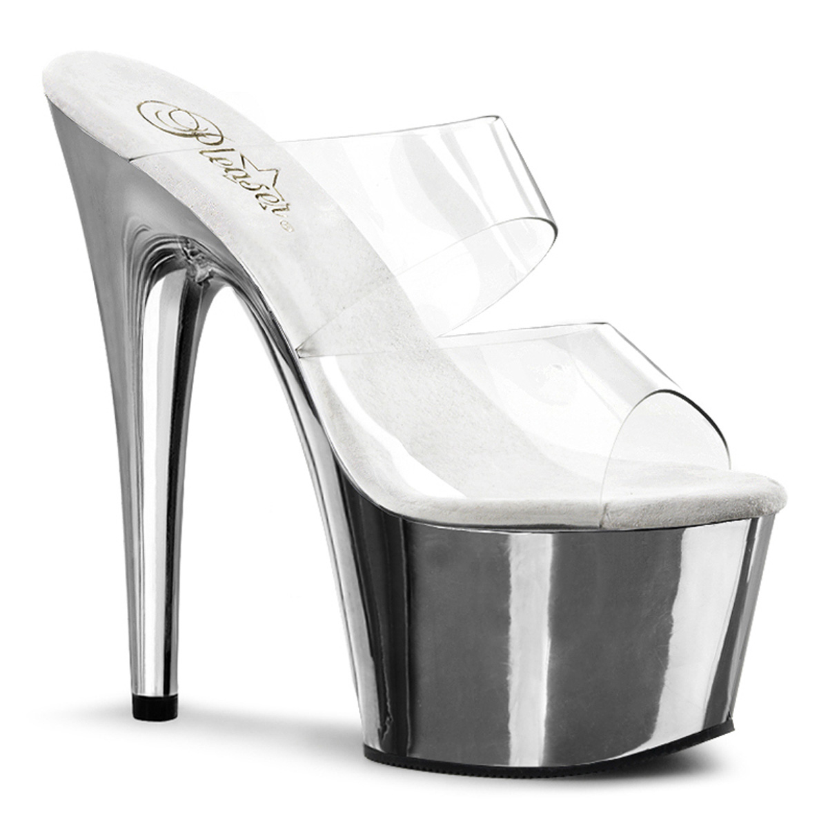 PLEASER ADORE-702 7" Stiletto Heel Two-Band PF Slide Clr/Slv Chrome