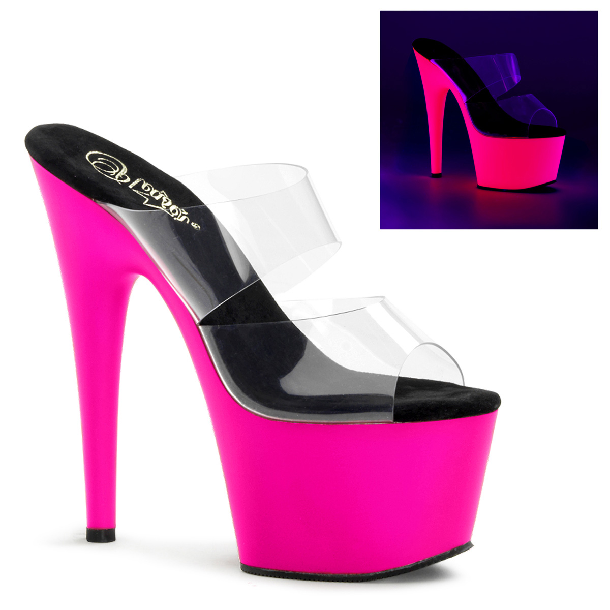 PLEASER ADORE-702UV 7" Stiletto Heel Neon Bottom PF Slide Clr/Neon Pink