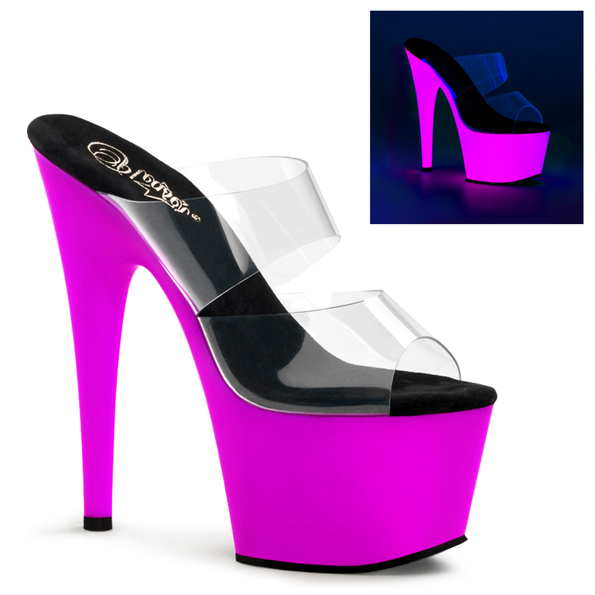 PLEASER ADORE-702UV 7" Heel, 2 1/2" PF Two Band Slide Clr/Neon Purple