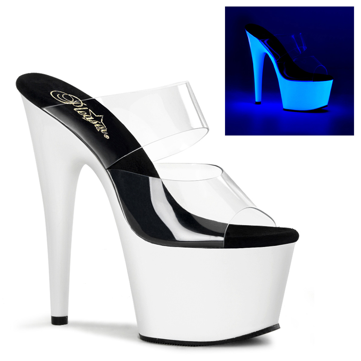 PLEASER ADORE-702UV 7" Stiletto Heel Neon Bottom PF Slide Clr/Neon Wht