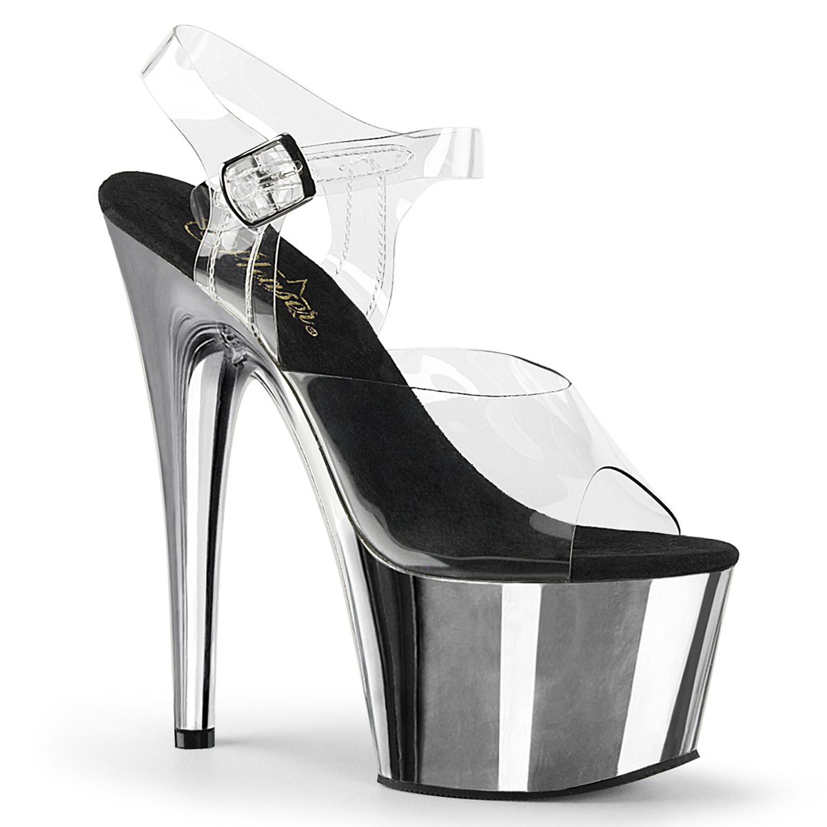 PLEASER ADORE-708 7" Stiletto Heel PF Slide W/RS Clr/Slv Chrome