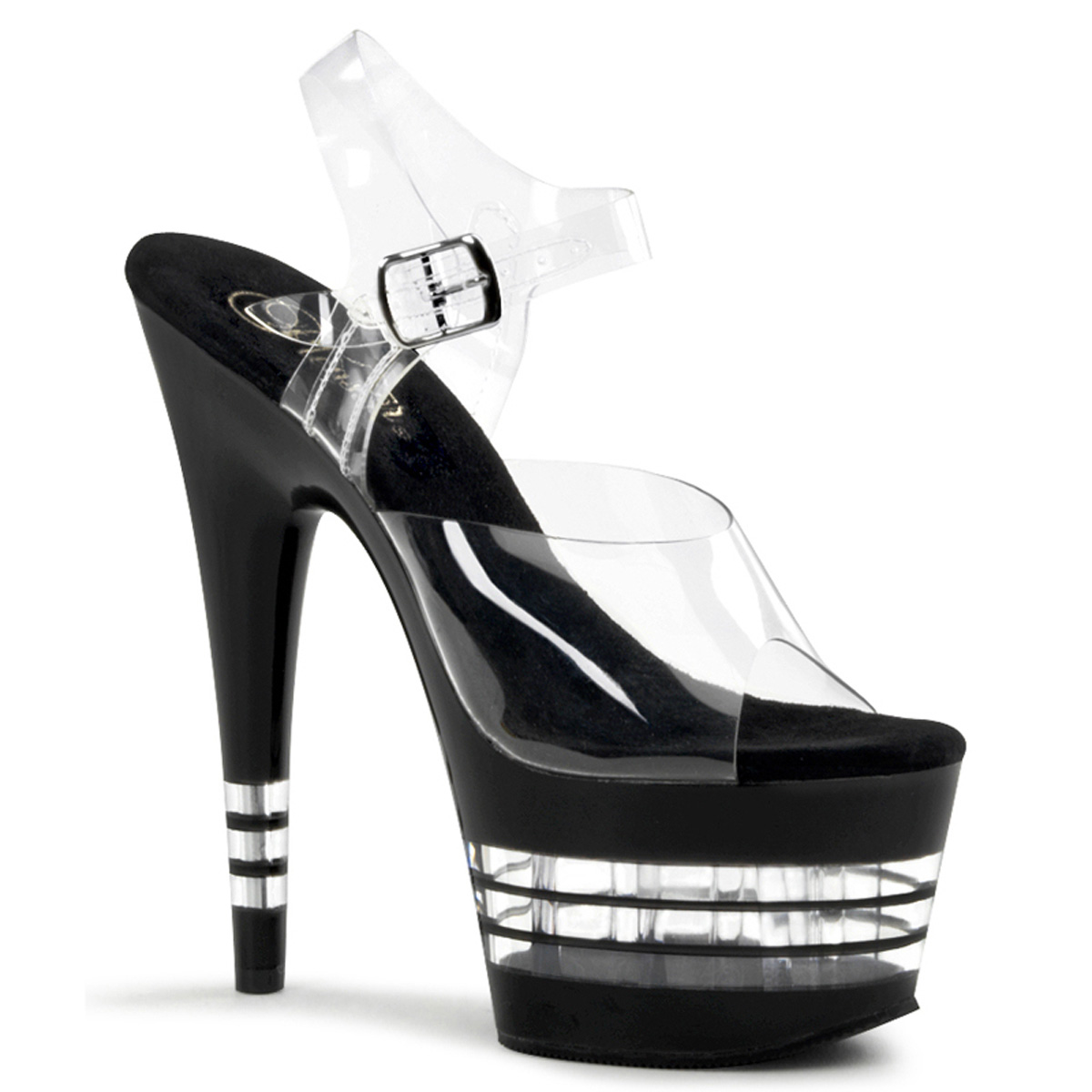 PLEASER ADORE-708LN 7" Lined Bottom Ankle Strap PF Sandal Clr/Blk