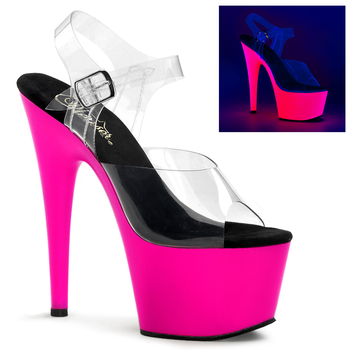PLEASER ADORE-708UV 7" Neon Bottom Ankle Strap PF Sandal Clr/Neon Pink