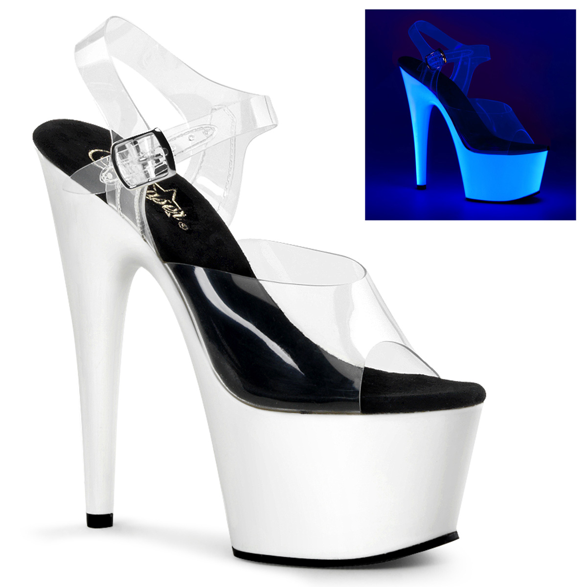 PLEASER ADORE-708UV 7" Neon Bottom Ankle Strap PF Sandal Clr/Neon Wht