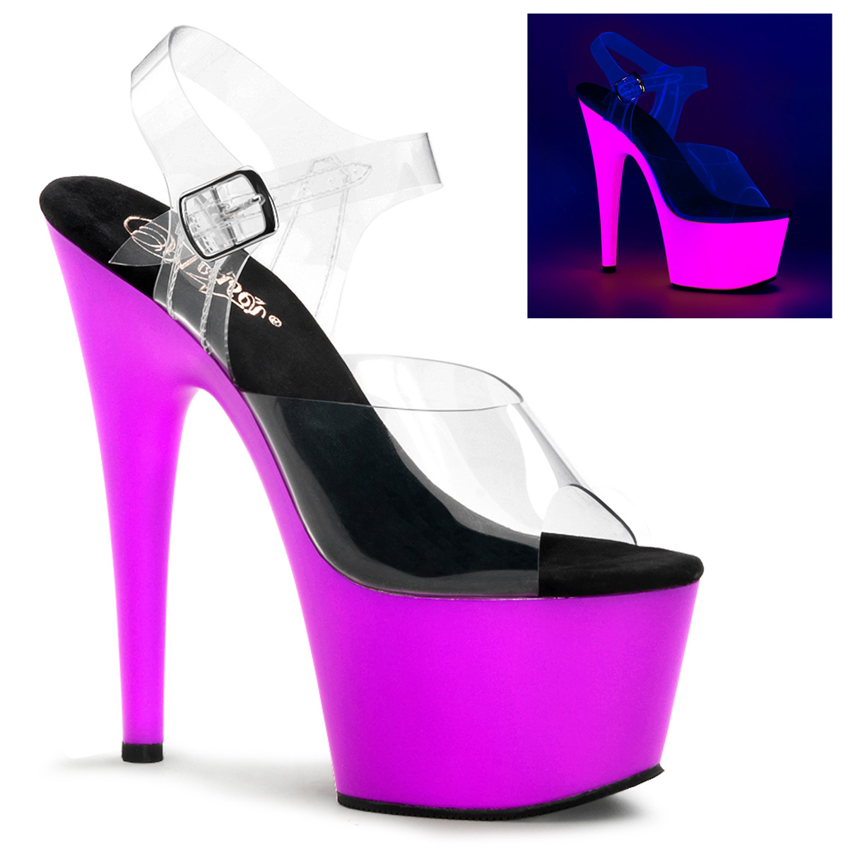 PLEASER ADORE-708UV 7" Heel, 2 1/2" PF Ankle Strap Sandal Clr/Neon Purple