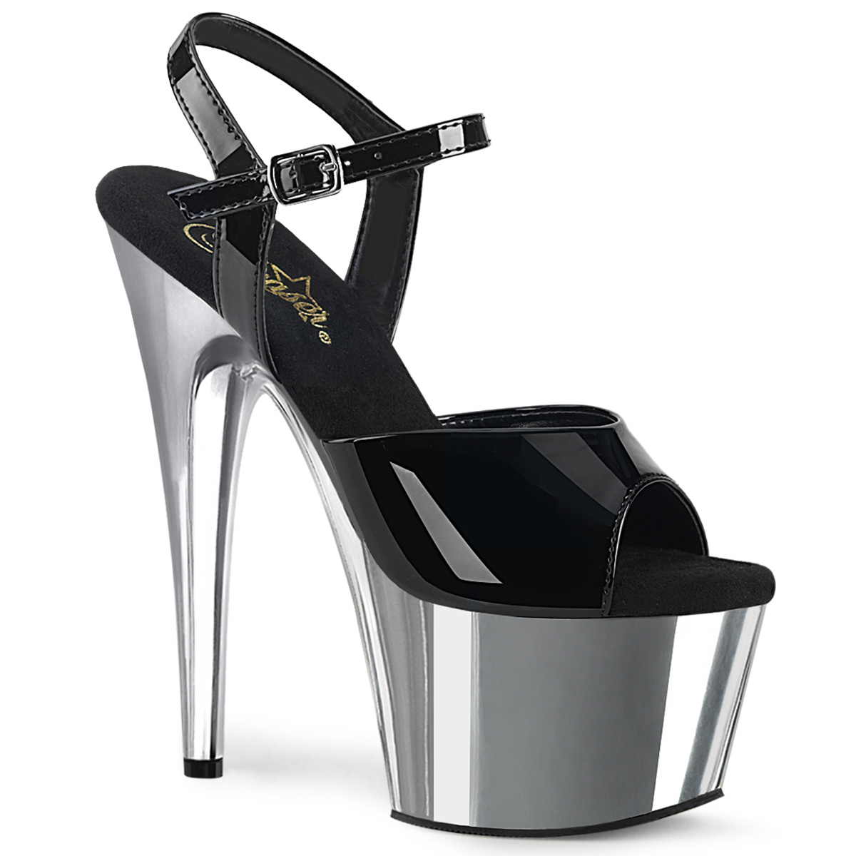 PLEASER ADORE-709 7" Stiletto Heel Ankle Strap PF Sandal Blk Pat/Slv Chrome