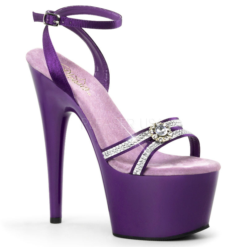 PLEASER ADORE-738 7" Stiletto Heel Ankle Wrap PF Sandal W/RS Purple Satin/Purple