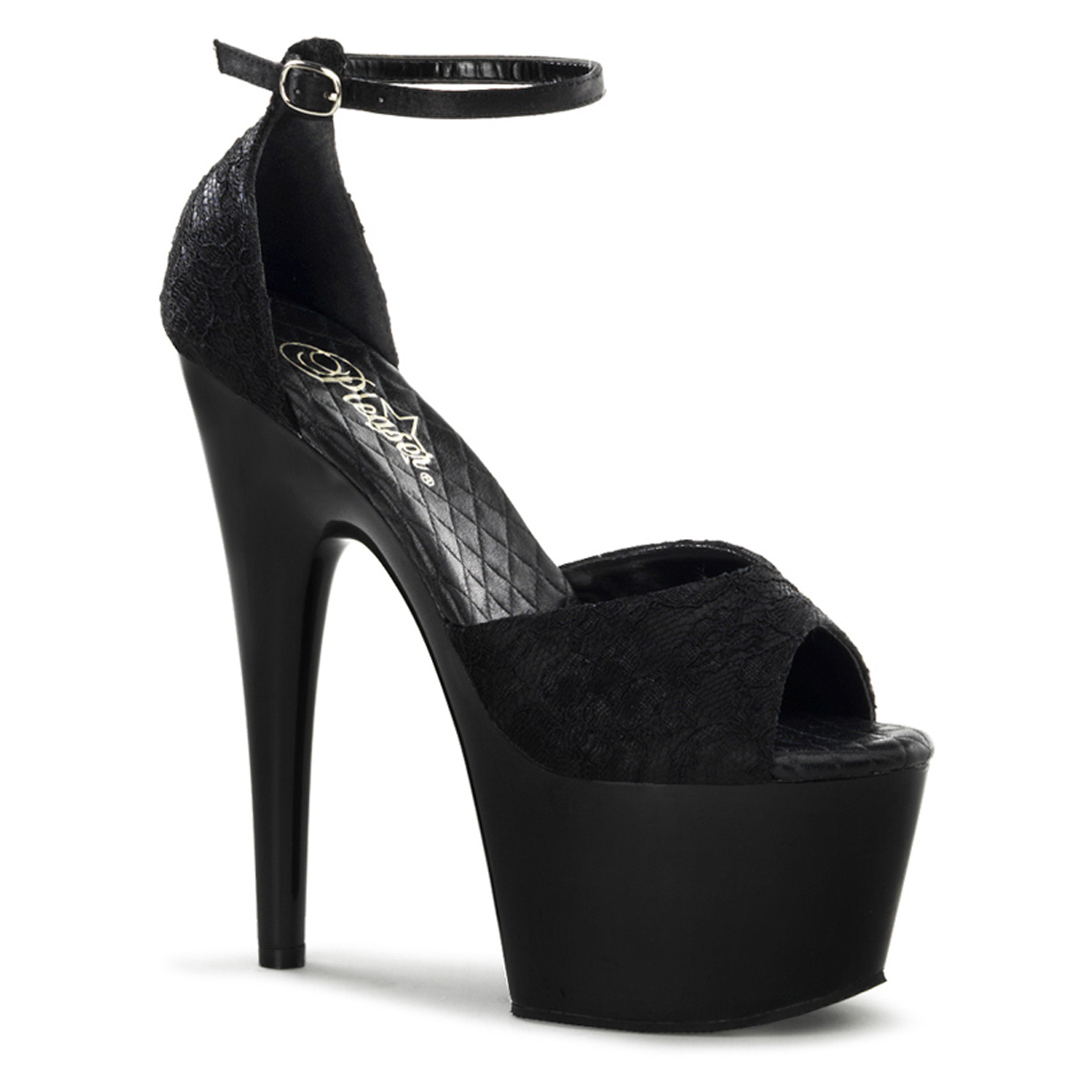 PLEASER ADORE-768 7" Heel, 2 1/2" PF Open Toe Ankle Strap D'Orsay Sandal Blk Satin-Blk Lace/Blk